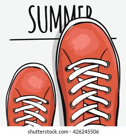 Sportingly colorful poster to advertise sports shoes. Go in the summer. Vector illustration