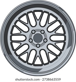 Sport-inspired multi-spoke rim vector illustration with clean outline and inner barrel shading. Perfect for automotive branding materials, car modification catalogs, and digital marketplace content.