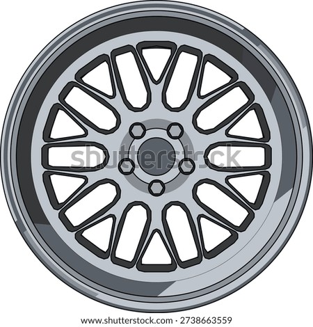 Sport-inspired multi-spoke rim vector illustration with clean outline and inner barrel shading. Perfect for automotive branding materials, car modification catalogs, and digital marketplace content.