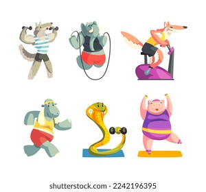 Sportive Animals Wearing Uniform Doing Physical Exercises Using Sport Equipment Vector Set