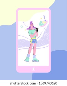 Sportive athletic woman cartoon character using mobile phone for compilation dieting menu and workout planning. Health monitoring and weight control applications technology. Flat vector Illustration.