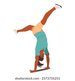 Sportive athletic woman cartoon character performing handstand position practicing cartwheel vector illustration. Strong female personage doing upside down balance pose training agility scene