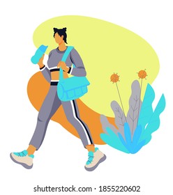 Sportive athletic woman going to fitness exercises, flat vector illustration. Young active woman in sportswear loving sport and leading healthy lifestyle.
