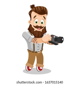 Sportive bearded hipster with tattoo in bow tie, shirt, suspender trousers keeping camera. Photographer standing and taking pictures. Young man shooting. Vector cartoon illustration on white.