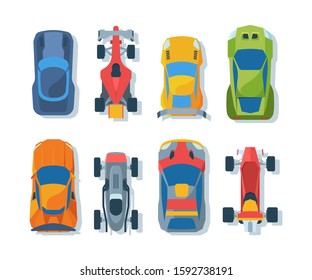 Sportive bolides top view flat illustrations set. Racing automobiles collection. Professional sportcars and rally transportationpack. Different sport vehicles isolated on white background