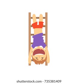 Sportive boy hanging upside down on a ladder, kids physical activity cartoon vector Illustration