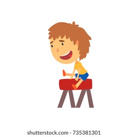 Sportive boy jumping over the vaulting horse, kids physical activity cartoon vector Illustration