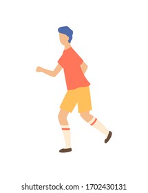 Sportive boy runner isolated cartoon person side view. Vector jogging guy, running jogger in sport cloth t-shirt and shorts, people on walk in flat style