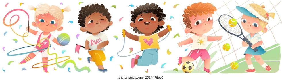 Sportive children characters boys and girls play sports and exercise. Running, gymnastics jumping and games as tennis and football for kids. Vector cartoon graphic clip art illustration collection.