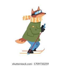 Sportive Dog Skiing, Animal Athlete Character Doing Sports Vector Illustration