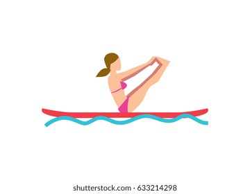 Sportive girl doing yoga exercise on board vector illustration isolated on white background. Fitness on water, sport training, healthy lifestyle in flat design.