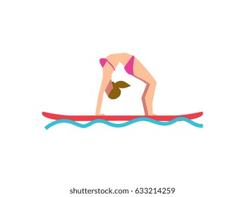 Sportive girl doing yoga on stand-up paddle board vector illustration isolated on white background. Fitness on water, active summer vacation, healthy lifestyle in flat design.