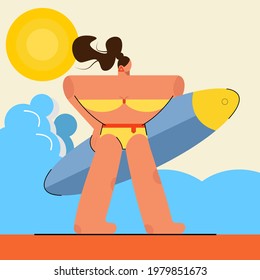 Sportive girl surfer in a swimsuit holding a surfboard on the beach. Happy young woman is happily engaged in extreme sports. Seascape. Flat vector illustration.