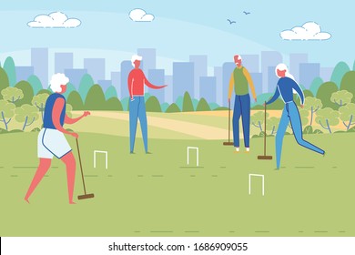 Sportive Good Looking Senior People Playing Cricket In City Park. Retirement And Active Rest In Pension Or Nursing House. Healthy Vigorous Lifestyle In Old Age. Flat Cartoon Vector Illustration.