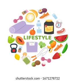 Sportive and healthy lifestyle with fitness, vegeterian diet and with weight scales, sport wear and food vector illustration. Fitness and healthy diet collection in circle poster.