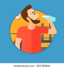 Sportive hipster man with the beard drinking water. Man with bottle of water in the gym. Sportsman drinking water from the bottle. Vector flat design illustration in the circle isolated on background.