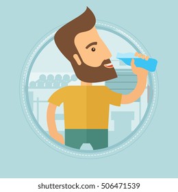 Sportive hipster man with the beard drinking water. Man with bottle of water in the gym. Sportsman drinking water from the bottle. Vector flat design illustration in the circle isolated on background.