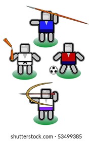 Sportive icons of soccer, karate and bow with abstract sportsman. Vector illustration.