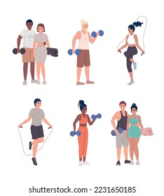 Sportive lifestyle semi flat color vector characters set. Editable figures. Full body people on white. Exercising simple cartoon style illustrations pack for web graphic design and animation