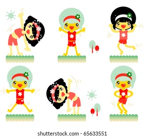 Sportive little girl exercising, vector cartoon and nature background elements