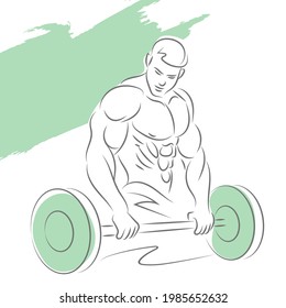 A sportive man is doing an exercise with a barbell. Bodybuilder's torso. Sketchy art lines on a white background.