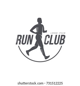 Sportive man jogging, running marathon brand, logo design icon pictrogram silhouette. Male adult character illustration with run club inscription. Isolated flat illustration on a white background.