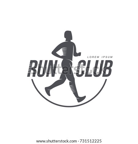 Sportive man jogging, running marathon brand, logo design icon pictrogram silhouette. Male adult character illustration with run club inscription. Isolated flat illustration on a white background.