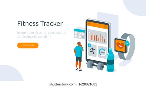 
Sportive Man Monitoring his Heart Rate in Fitness App on Smartphone and on Smart Watch. Character Checking Workout Results. Fitness and Healthy Sport Concept. Flat Isometric Vector Illustration.