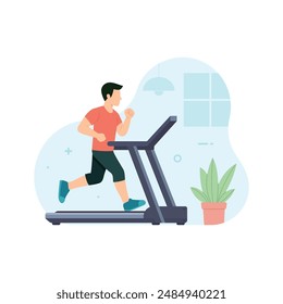 Hombre deportivo corriendo en una cinta en el gimnasio. Entrenamiento y ejercicio de Ilustración vectorial plana