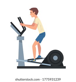 Sportive Man Training on Elliptical Machine Vector Illustration