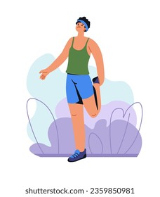 Sportive man warming up before jogging and running. Sports activities and keeping fit, loosing weight and leading active lifestyle. Man in clothes working out and training. Vector in flat style