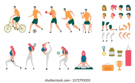 Sportive Man Woman Animated Characters Flat Set. Male Female People Riding Bicycles, Doing Fitness Yoga, Playing Tennis Or Ball, Boxing, Exercising, Running, Stretching. Vector Cartoon Illustration