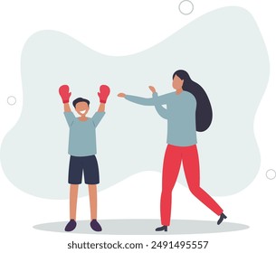 Sportive mother and son workout. Boxing training and spending active family time.flat design.illustration with people.