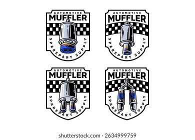 sportive muffler badge logo vector design set for sport, automotive, garage, workshop, spare part, industry. car exhaust pipe with single and double tip illustration emblem logo designs.
