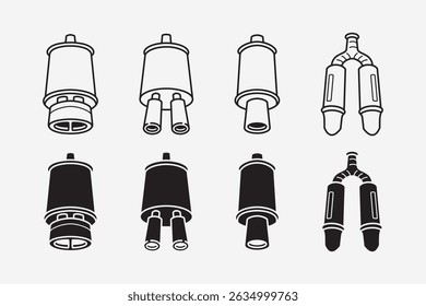 sportive muffler, car exhaust pipe system outline, line art, filled, glyph style icon symbol element designs set for sport, automotive, garage, workshop, spare part, industry