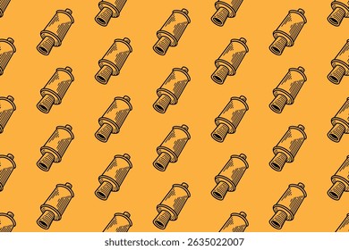 sportivo muffler gravura linha arte padrão sem emenda no fundo amarelo. retro auto tubo de escape de ponta única padrão de incubação papel de parede para esporte, automotivo, garagem, peça de reposição, mercadoria da indústria