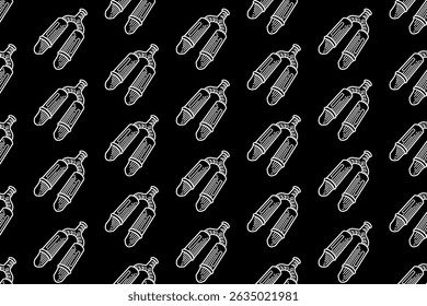 sportive muffler twin tip engraving line art seamless pattern on black background. retro sportive exhaust double pipe hatching pattern wallpaper for sport, automotive, garage, spare part, industry
