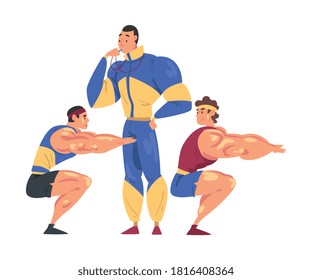 Sportive Muscular Men Doing Squats, Male Coach Trainer Character Whistling Them, Physical Workout in Gym Cartoon Style Vector Illustration