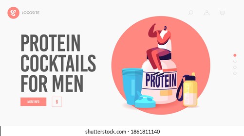 Sportive Nutrition, Pumping Muscles, Bodybuilding Landing Page Template. Tiny Sportsman Character Demonstrate Muscles Sit on Huge Protein Cocktail Jar and Shaker in Gym. Cartoon Vector Illustration