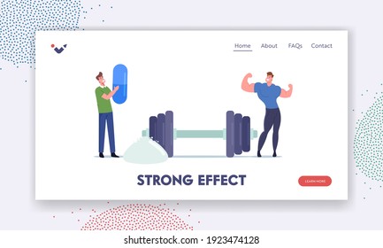 Sportive Nutrition, Strong Effect Landing Page Template. Sportsman Character in Gym Demonstrate Muscles at Barbell and Protein or Creatine Powder. Bodybuilding Activity. Cartoon Vector Illustration