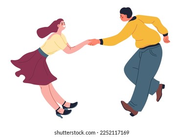 Sportive pair making performance on stage, isolated contest dancers wearing clothes dancing and making show. Professional partners moving and holding hands. Vector in flat style illustration