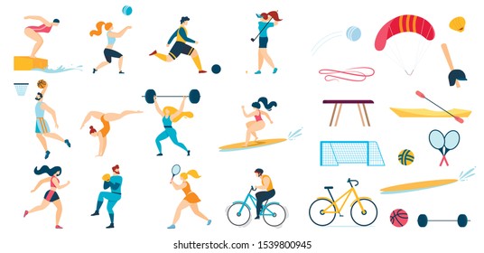 Sportive People Characters Set and Sport Equipment. Men Women Workout. Playing Golf, Tennis Basketball, Volleyball, Football, Baseball, Cycling, Diving, Lifting Weights, Surfing. Vector Illustration