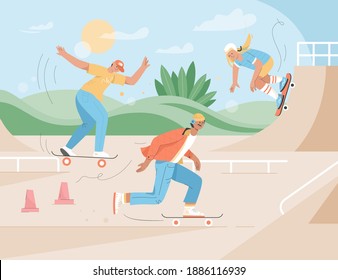 Sportive people riding skateboards at urban skate park. Young men and women, teenagers skateboarding, learn new tricks at ramps, enjoy hobbies, outdoors activities. Vector character illustration