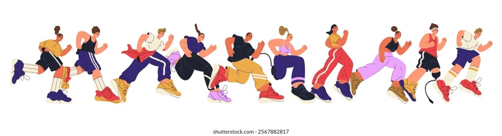 Sportive people running, isolated men and women jogging and participating in marathon. Vector in flat style, healthy lifestyle, keeping fit and exercising in groups. Training and working out