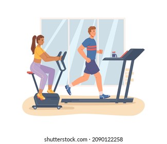 Sportive people training in gym, man and woman working out on treadmill running track and bike. Male and female keeping fit and adding endurance and strength to body shape. Vector in flat style