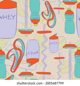 Sportive seamless pattern with gym lifestyle conceptual elements. Repeat background with turquoise and red equipment. Training texture with whey, weights, rubber bands and dumbbells.