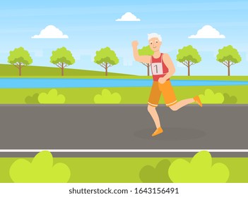 Sportive Senior Man Running in Summer Park, Elderly People Active Healthy Lifestyle Vector Illustration