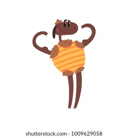 Sportive strong funny sheep character dressed up striped singlet, cartoon vector illustration