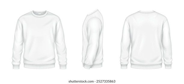 Sportive sweatshirts of white color mockup realistic vector illustrations set. Casual clothing template 3d model on white background