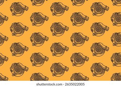 sportive turbo charger engraving line art seamless pattern on yellow background. retro car booster system hatching pattern wallpaper for sport, automotive, garage, spare part, industry merchandise